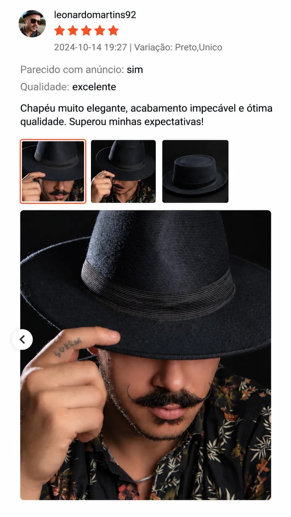 Avaliação 5 estrelas de leonardomartins92, com foto do cliente usando o chapéu preto