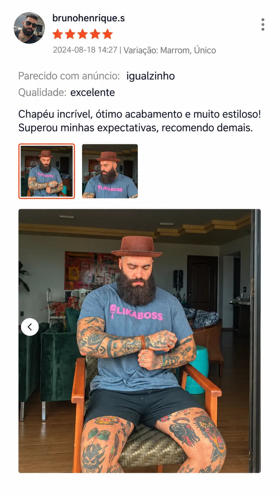 Avaliação 5 estrelas de brunohenrique.s, com foto do cliente usando o chapéu marrom