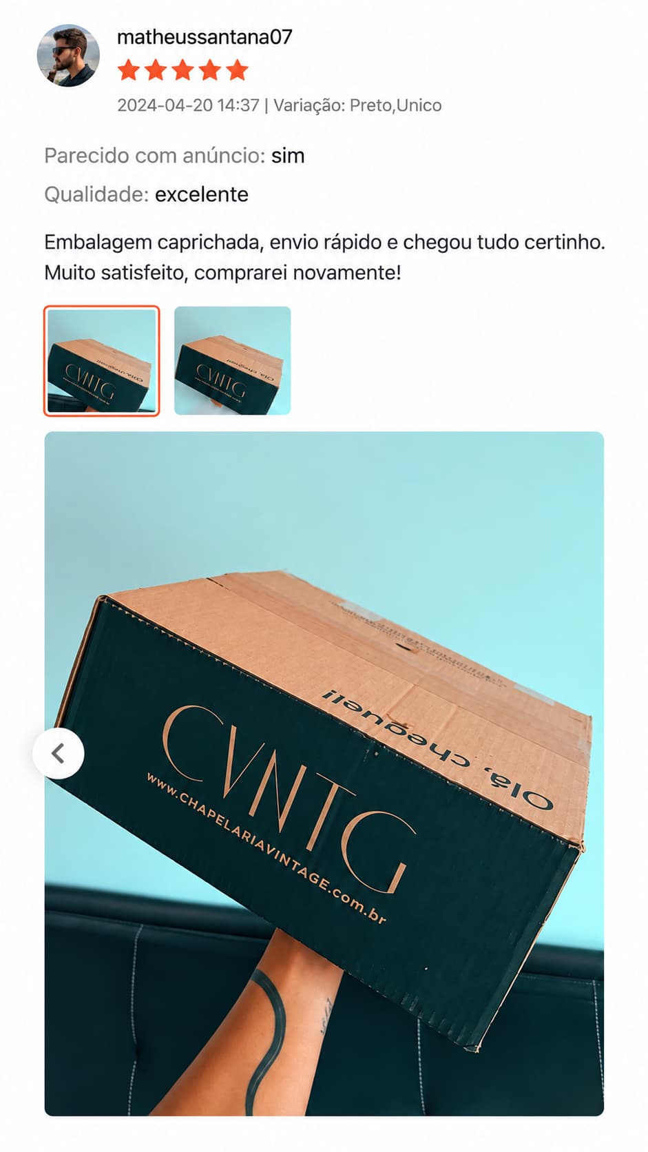 Avaliação 5 estrelas de matheussantana07, com foto da caixa da Chapelaria Vintage recebida