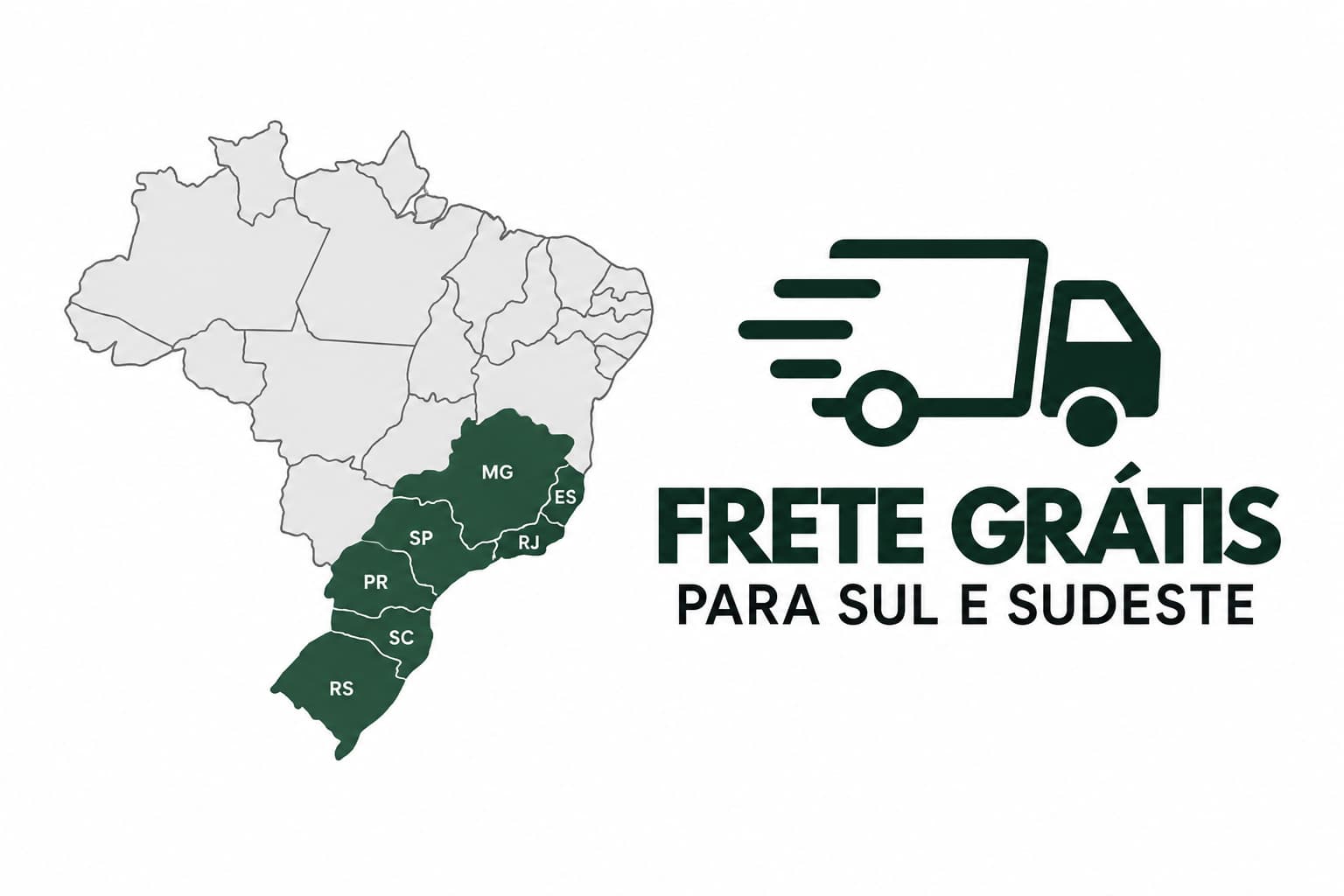 Mapa do Brasil com Sul e Sudeste destacados e informação de frete grátis para as duas regiões